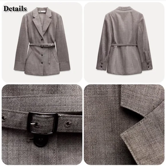 ZARA Brown Taupe 100% Wool Belted Blazer Jacket Coat ZW Collection Gray XS NWT - Picture 3 of 16